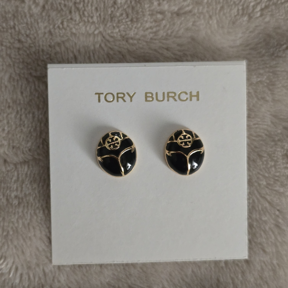 Tory Burch Black & Gold ‘Ladybug’ Logo Stud Earrings – Enamel Button Style - NEW